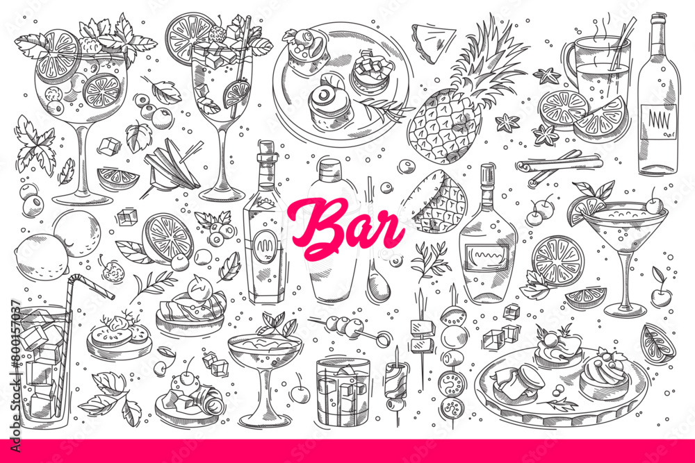 Obraz premium Alcoholic drinks from bar in bottles and glasses for cold cocktails decorated with fruit slices. Booze with ice or liquor and beach bar snacks for tropical party by sea. Hand drawn doodle