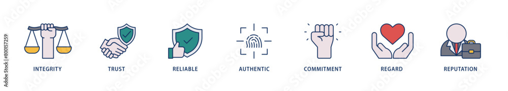 Credibility icons set collection illustration of integrity, trust, reliable, authentic, commitment, regard, and reputation icon live stroke and easy to edit Credibility icons set collection illustration of integrity, trust, reliable, authentic, commitment, regard, and reputation icon live stroke and easy to edit