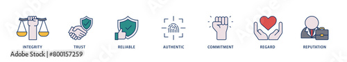 Credibility icons set collection illustration of integrity, trust, reliable, authentic, commitment, regard, and reputation icon live stroke and easy to edit 