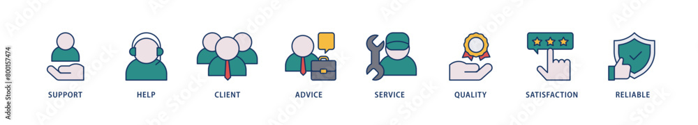 Obraz premium Customer care icons set collection illustration of help, client, advice, chat, service, reliability, quality, and satisfaction icon live stroke and easy to edit 