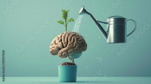 Growing Brain. Watering the Brain. Mental Health concept. Take care of oneself concept. Selfcare Growth. Self esteem. Generative AI.