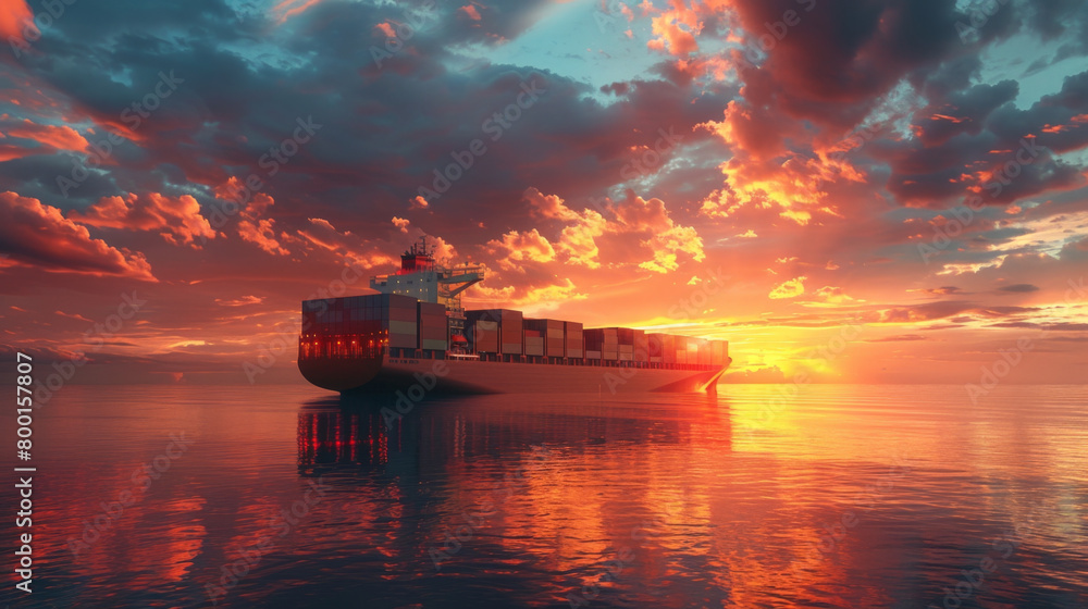 Naklejka premium A serene sunset scene of a cargo ship filled with containers reflecting on calm sea waters.