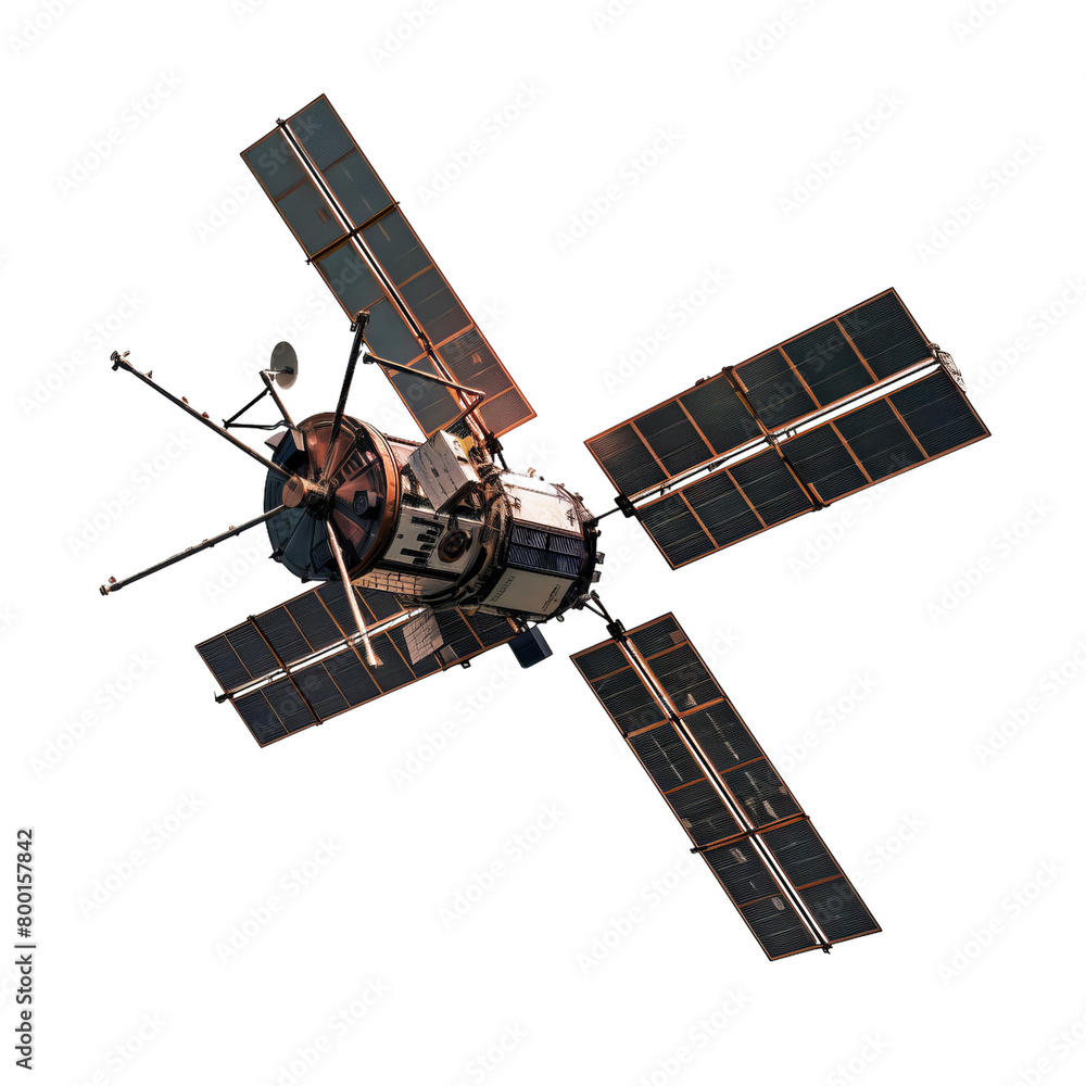 The concept of a space satellite on a transparent background. Space exploration, satellite communications. A complex technical space device The concept of a space satellite on a transparent background. Space exploration, satellite communications. A complex technical space device