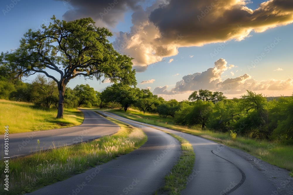 Majestic Oak and Winding Road: A Harmonious Dance of Nature's Elegance at Dusk