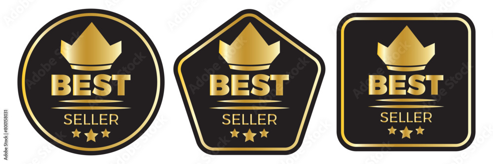 Best seller golden labels, award seal, medal badges. Company or brand product tags or stamps luxury design isolated set. Vector premium quality gold emblems with stars, crowns and metal look. 11:11