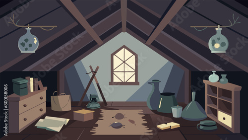 Faded wallpaper and musty smells only added to the charm of this old attic holding generations of family history.. Vector illustration