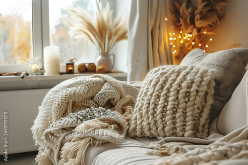 A cozy living room with a couch, pillows, blankets, and candles.