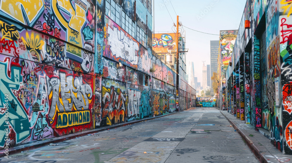 Fototapeta premium The vibrant and diverse world of urban graffiti art, showcasing a mix of styles and colors on a long wall.