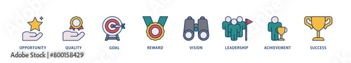 Encourage icons set collection illustration of opportunity, quality, goal, reward, vision, leadership, achievement, success icon live stroke and easy to edit 