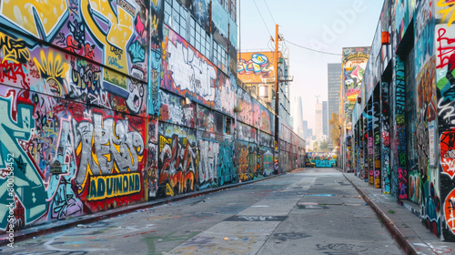 The vibrant and diverse world of urban graffiti art  showcasing a mix of styles and colors on a long wall.