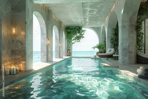 An indoor swimming pool with a large window looking out to the ocean. photo
