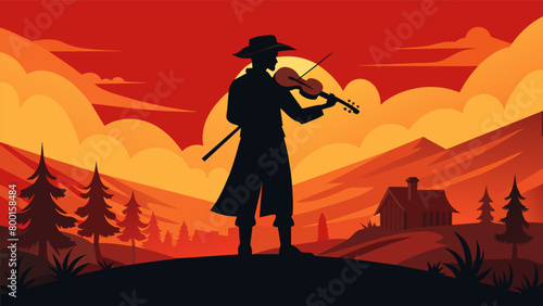 The silhouette of a lone fiddler against a dramatic sunset backdrop showcasing the simplicity and beauty of a smalltown Fourth of July celebration.. Vector illustration