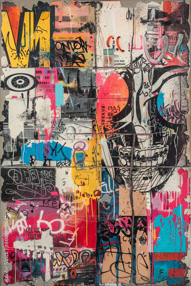Fototapeta premium A vibrant collage of graffiti pieces on a long urban wall, reflecting diverse styles and colors.