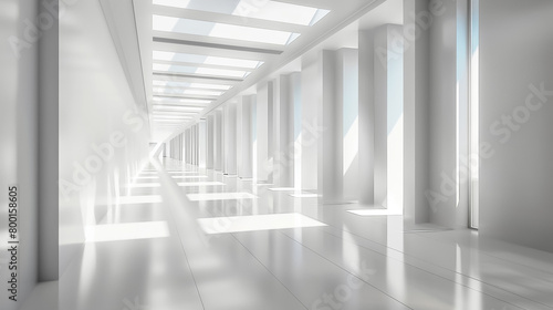 The image shows a long, empty hallway with white walls and a shiny floor.