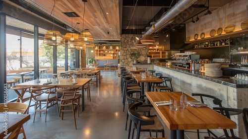 A contemporary restaurant with an open kitchen and communal dining tables.
