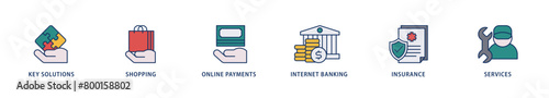Financial service icons set collection illustration of key solutions, shopping, online payments, internet banking, insurance and services icon live stroke and easy to edit 