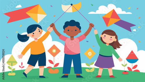 Children decorating their kites with messages of equality and justice.. Vector illustration