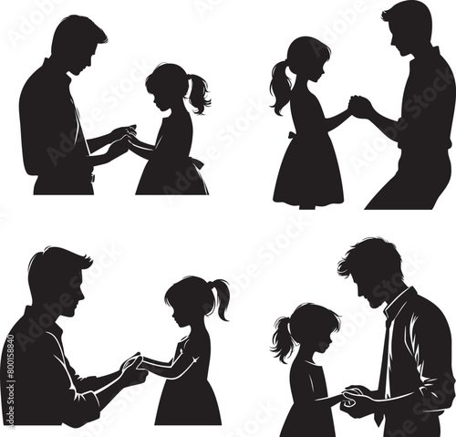 Father holding daughter hands silhouette set. Happy father day Symbol. Vector illustration of daddy and child. Father with his son on white background.
