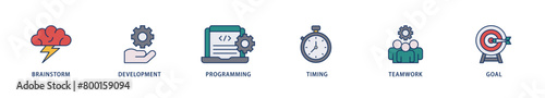 Hackathon icons set collection illustration of brainstorm, development, programming, timing, speed, teamwork, and goal icon live stroke and easy to edit 