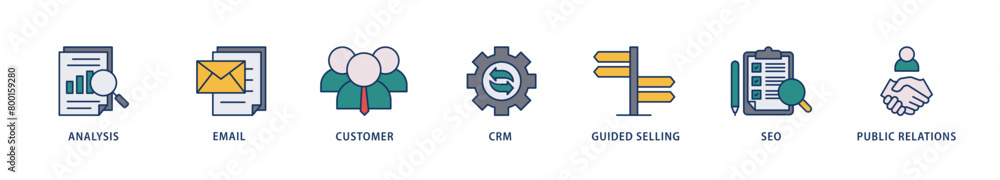 Inbound marketing icons set collection illustration of analysis, email, customer, crm, guided selling, seo and public relations icon live stroke and easy to edit Inbound marketing icons set collection illustration of analysis, email, customer, crm, guided selling, seo and public relations icon live stroke and easy to edit
