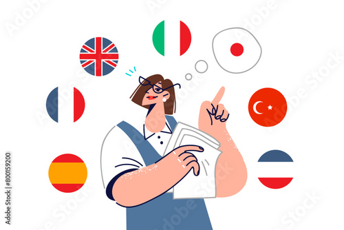 Woman translator calls for learning different languages, standing among national flags
