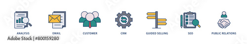 Inbound marketing icons set collection illustration of analysis, email, customer, crm, guided selling, seo and public relations icon live stroke and easy to edit 