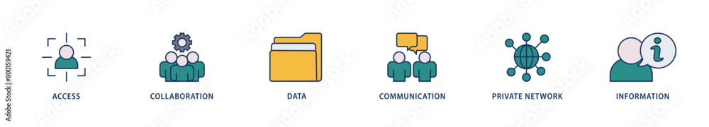 Intranet icons set collection illustration of access, collaboration, data, communication, private network, and information technology icon live stroke and easy to edit 