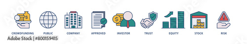 Ipo icons set collection illustration of crowdfunding, public company, approved, investor, trust, equity, stock and risk icon live stroke and easy to edit 