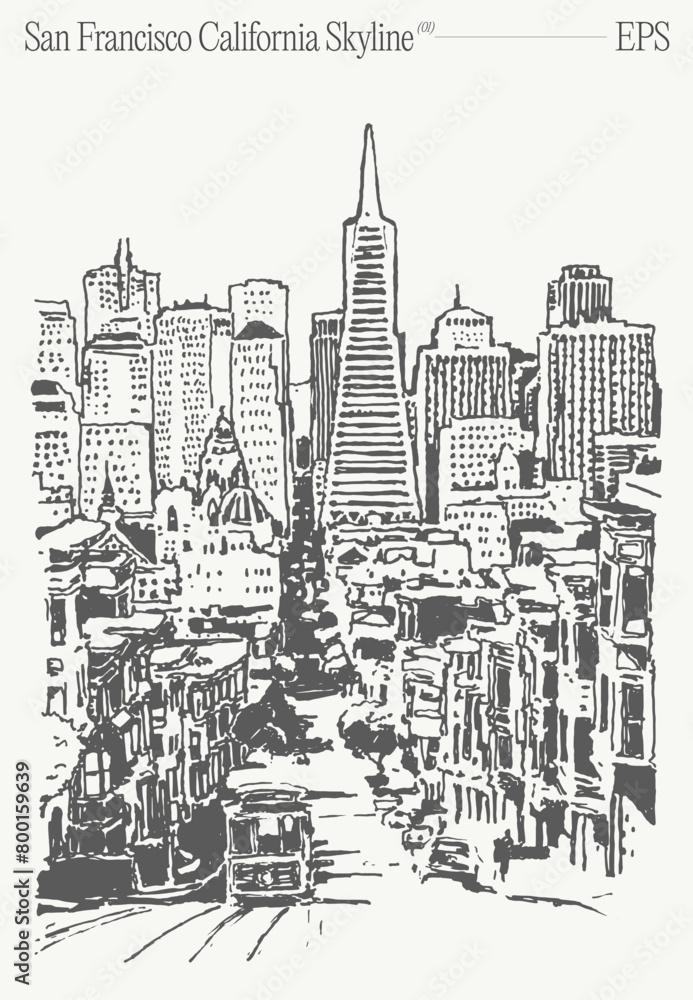 San Francisco California Skyline. Hand drawn vector illustration, sketch.