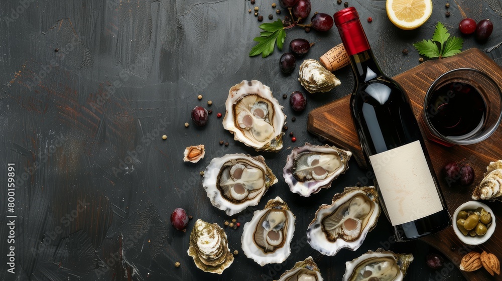 Bottle of aged wine and fresh oysters on a dark kitchen table. Seafood. Top view. Flat lay. Bottle of aged wine and fresh oysters on a dark kitchen table. Seafood. Top view. Flat lay.