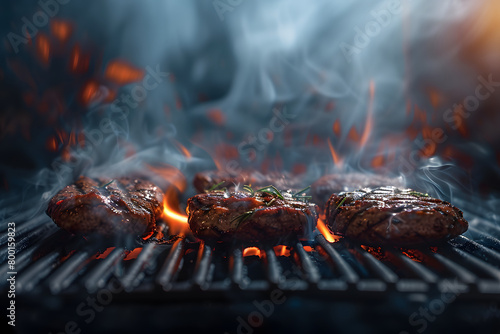 Low mesh grill with smoke on dark background with fire and space for text or inscriptions