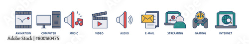 Multimedia icons set collection illustration of e mail, video, audio, internet, streaming, gaming, music, computer, animation icon live stroke and easy to edit 