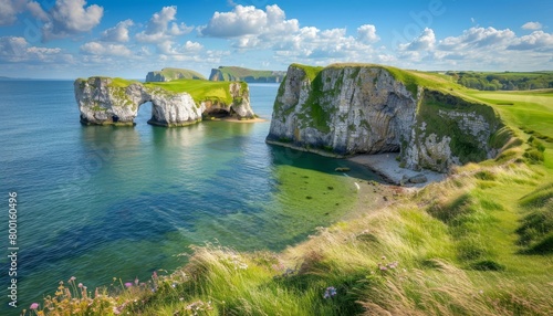 Scenic panorama golf course on clifftop overlooking sea with majestic rock arches