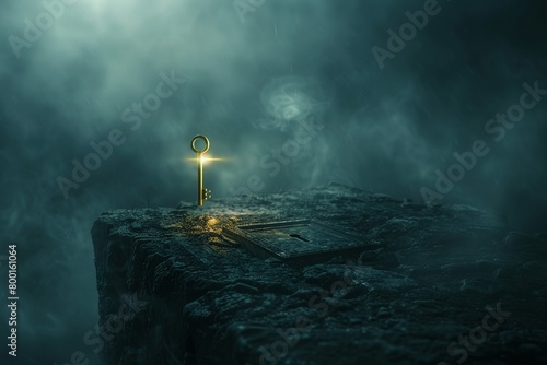 Mysterious atmosphere with a shimmering golden key floating towards a lock pad, dark ethereal fog in the background