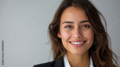 A confident and successful businesswoman in a suit, exuding happiness and positivity on a clean white background.