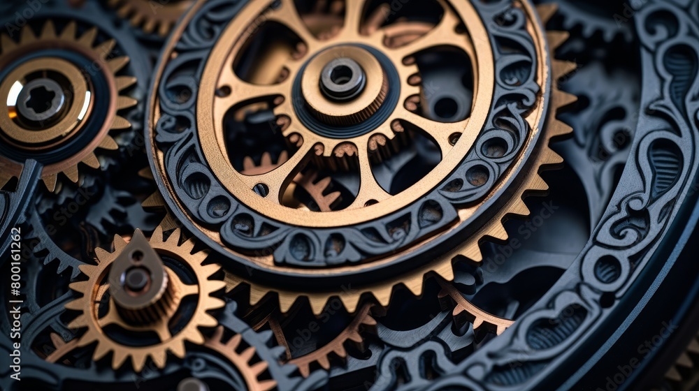 A closeup of a steampunk clockwork mechanism with gears and cogs.