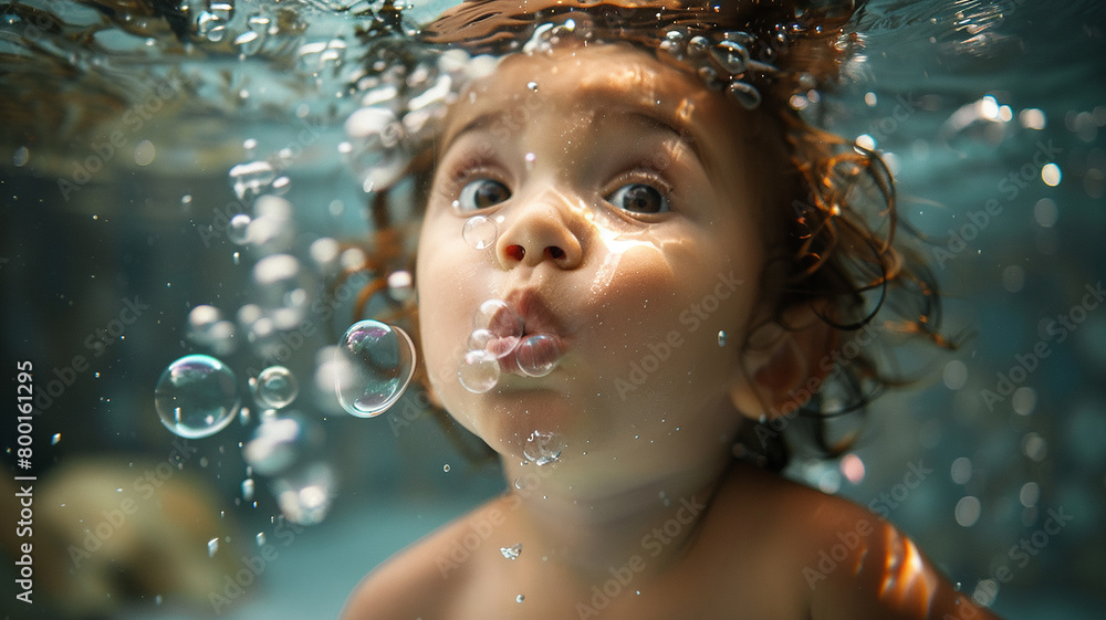 A toddler attempting to blow bubbles underwater, cheeks puffed out in concentration, eyes wide with anticipation of the camera's capture
