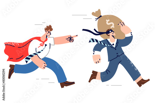 Thief with bag of money runs away from superhero trying to stop bank robbery and save savings