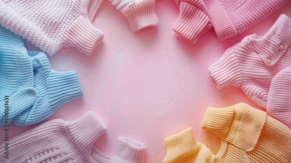 Neatly arranged baby clothing set on pastel background, with space at center, evoking feelings of organization and tranquility. Neatly arranged baby clothing set on pastel background, with space at center, evoking feelings of organization and tranquility.
