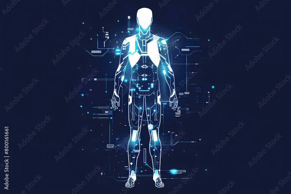 Front view of a digital blue humanoid robot with intricate circuit patterns against a dark background
