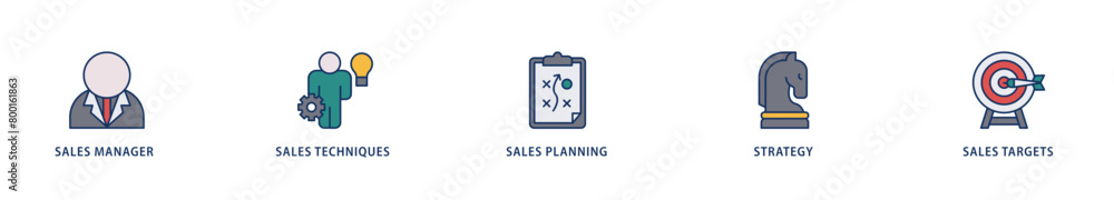 Sales management icons set collection illustration of manager, sales techniques, planning, strategy, and targets icon live stroke and easy to edit Sales management icons set collection illustration of manager, sales techniques, planning, strategy, and targets icon live stroke and easy to edit