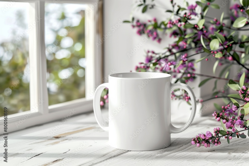White Blank Mug Mockup in Photographic Scene created with Generative AI White Blank Mug Mockup in Photographic Scene created with Generative AI
