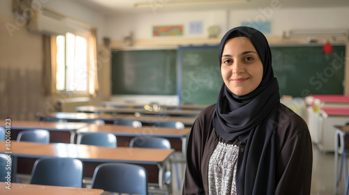 school teacher wearing hijab standing in a classroom, chairs, tables and board behind her