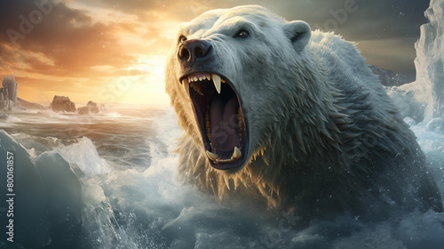 polar bear trying to survive on melting ice, global warming and climate change concept  photo