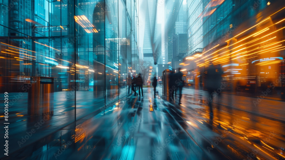 Obraz premium Dynamic long exposure shot of a bustling business lobby, capturing the fast movement of people with streaks of light, conveying a sense of urgency and energy.