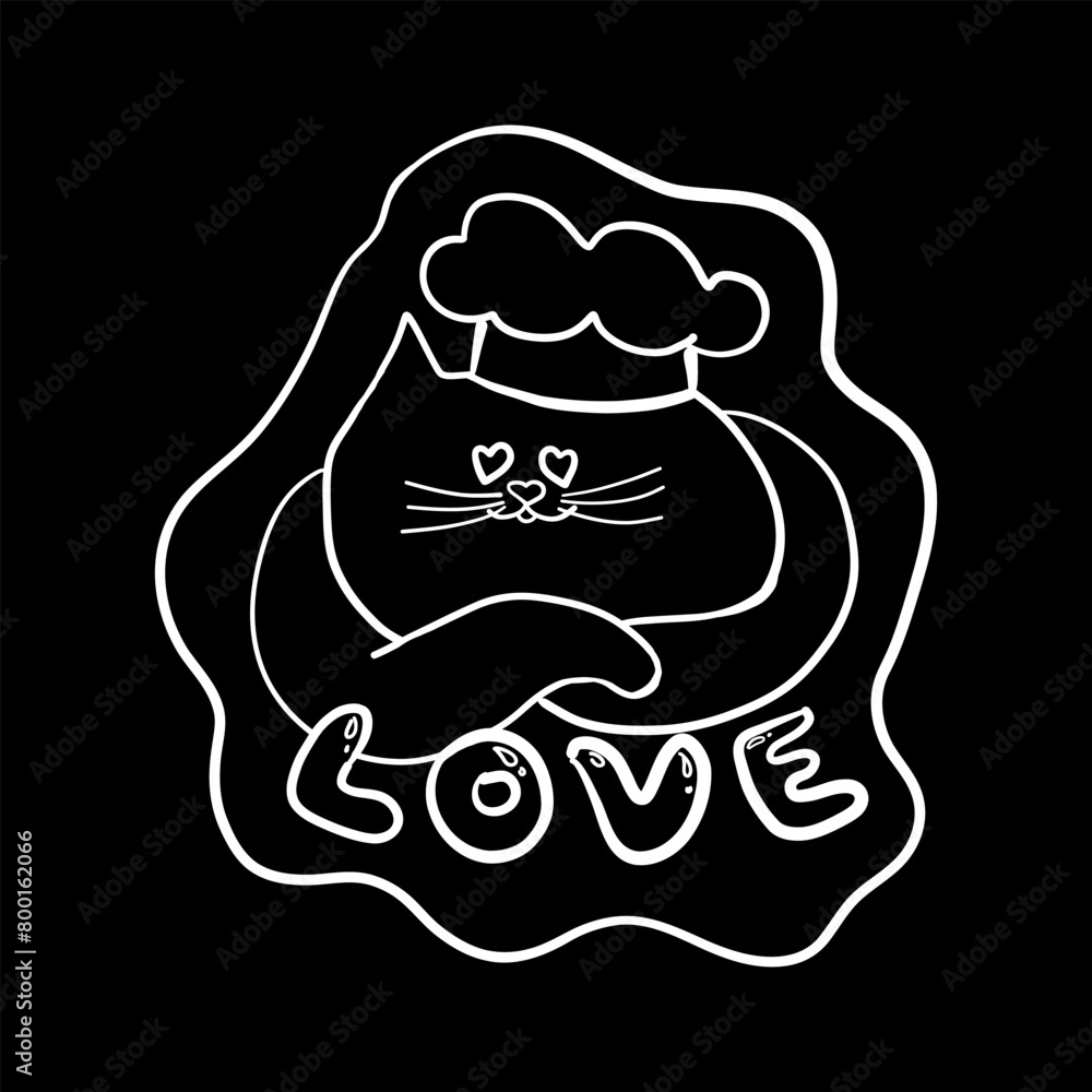 Fototapeta premium Dreaming Cat Chef in Love, Doodle Style Vector Illustration