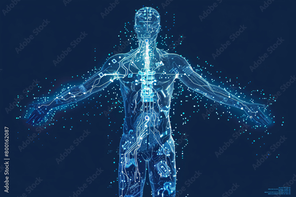 Digital blue human figure composed of network lines and nodes on a dark background