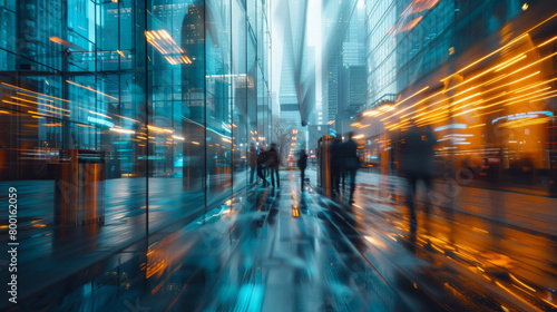 Dynamic long exposure shot of a bustling business lobby, capturing the fast movement of people with streaks of light, conveying a sense of urgency and energy.