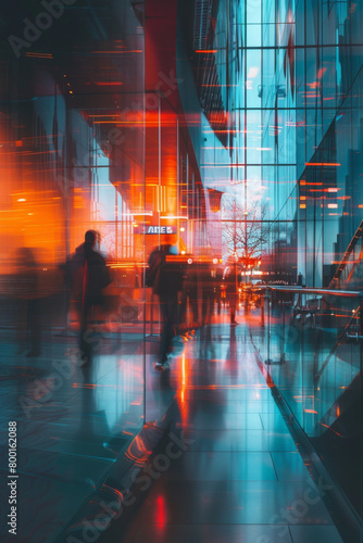 Dynamic long exposure shot of busy business lobby with swift-moving people leaving light trails, conveying a sense of urgency and motion.