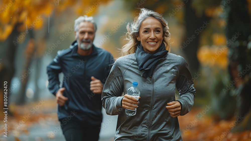 Retirement, couple and running fitness health for body and heart wellness with natural ageing. Married, mature and senior people enjoy nature run together Retirement, couple and running fitness health for body and heart wellness with natural ageing. Married, mature and senior people enjoy nature run together